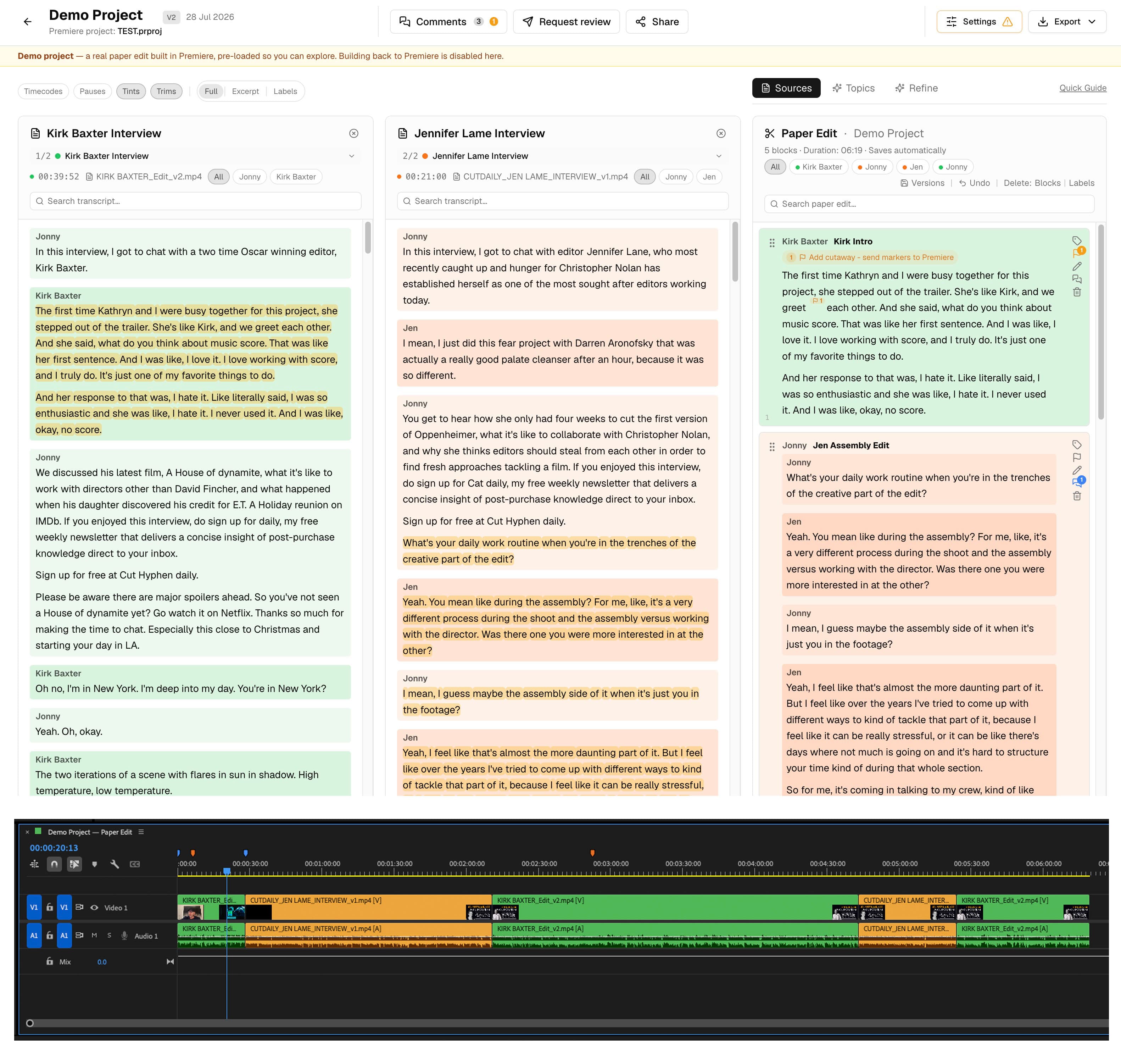 A paper edit built from interview transcripts, transformed into a finished Premiere Pro timeline