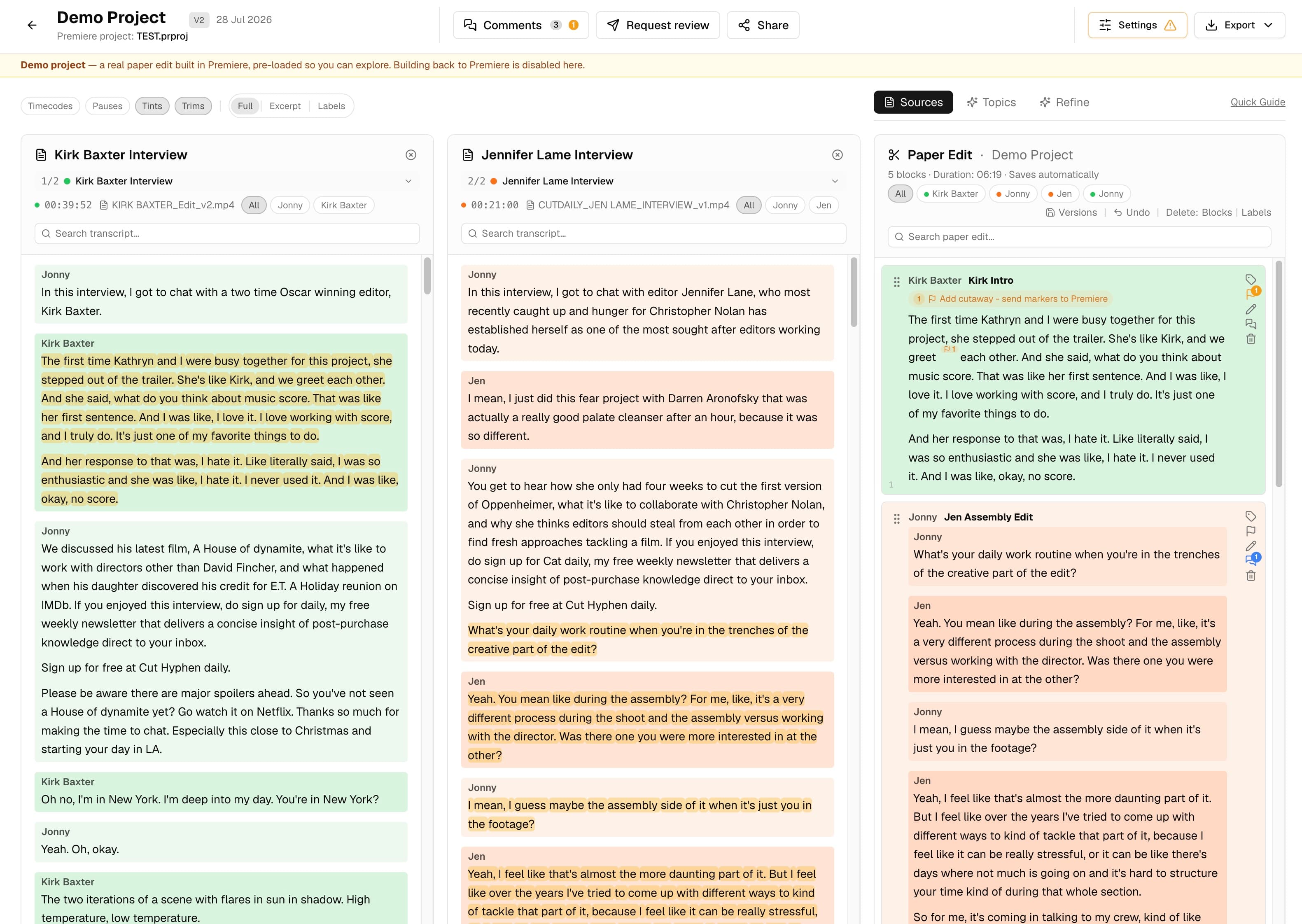 Paper Edit App workspace: transcript and paper edit columns side by side